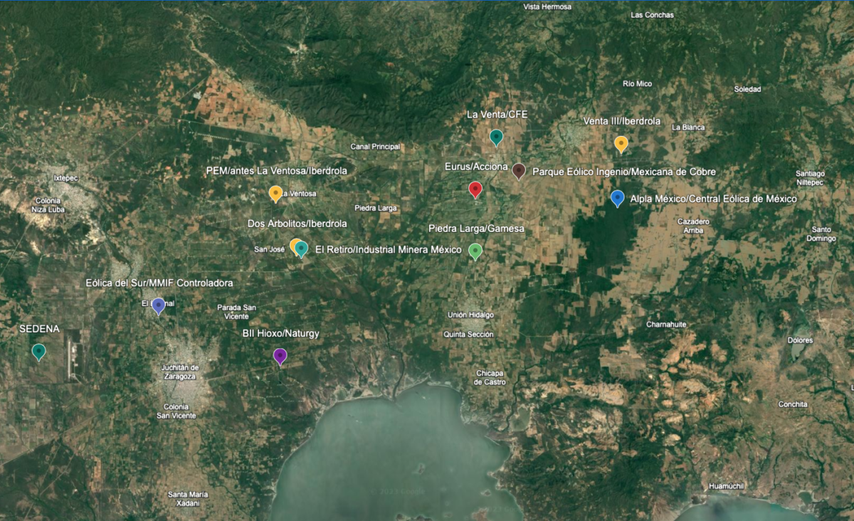 Google Earth con la ubicación de algunos de los principales parques eólicos entre Juchitán y Unión Hidalgo.